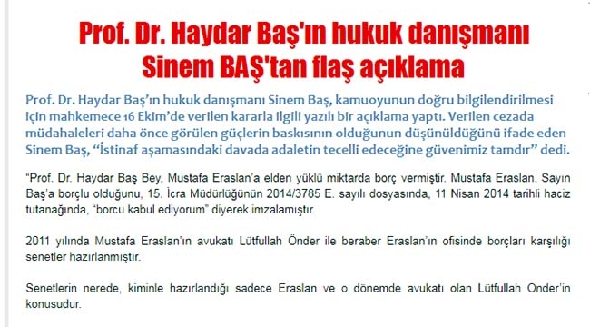 Prof. Dr. Haydar Baş'ın Hukuk Danışmanından Flaş Açıklama