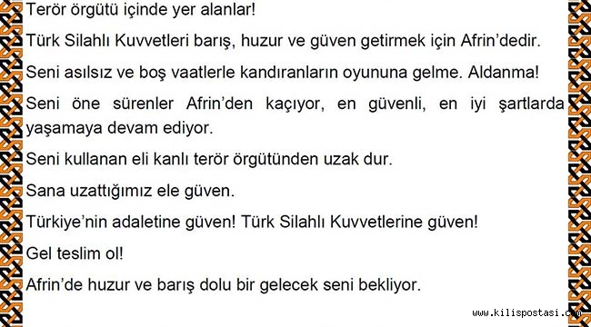 TSK’dan Afrin’e Arapça ve Kürtçe Mesaj