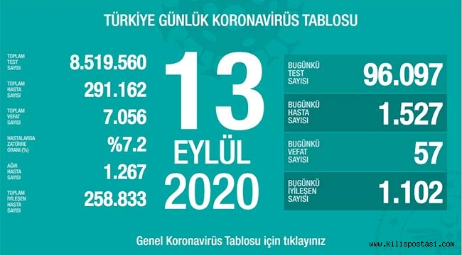 Türkiye Korona Tablosu (13 Eylül 2020)