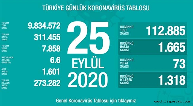 Türkiye Korona Tablosu (25 Eylül 2020)