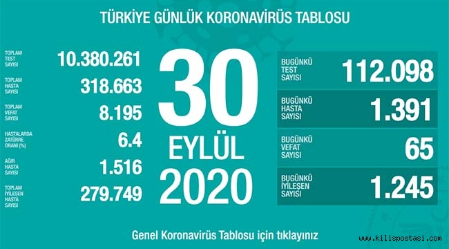 Türkiye Korona Tablosu (30 Eylül 2020)