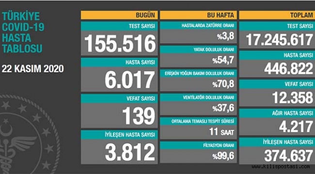 Türkiye Korona Tablosu (22 Kasım 2020)