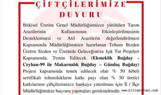 Tarım ve Orman Müdürlüğünden % 50 Hibeli Tohumlukların Katkı Payı ile İlgili Duyuru