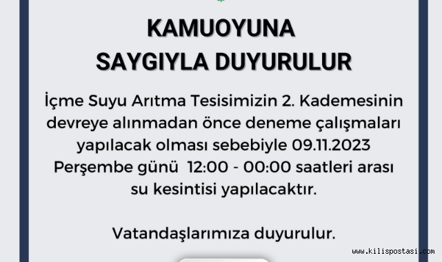 Kilis Belediyesi Su Kesintisi Duyurdu!