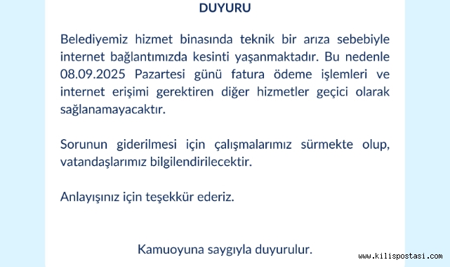 Kilis Belediyesi’nden İnternet Kesintisi Duyurusu