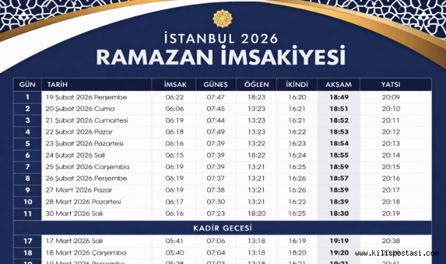 İstanbul 2026 Ramazan İmsakiyesi Açıklandı